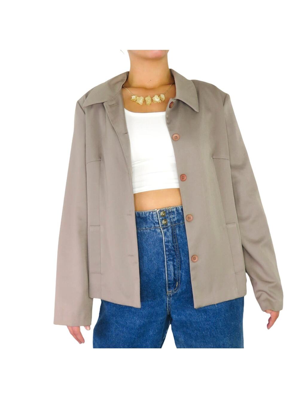 Topy 1990s VIntage Taupe Tan Blazer Jacket Neutral Oversized Large
